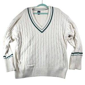 GAP Womens Cable Knit Sweater XL Extra Large Cream Green Trim V Neck Long Sleeve